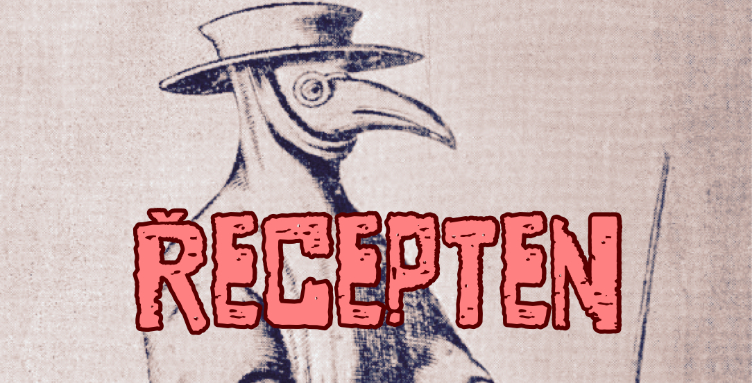 portret van een pestdokter met het woord Recepten eroverheen